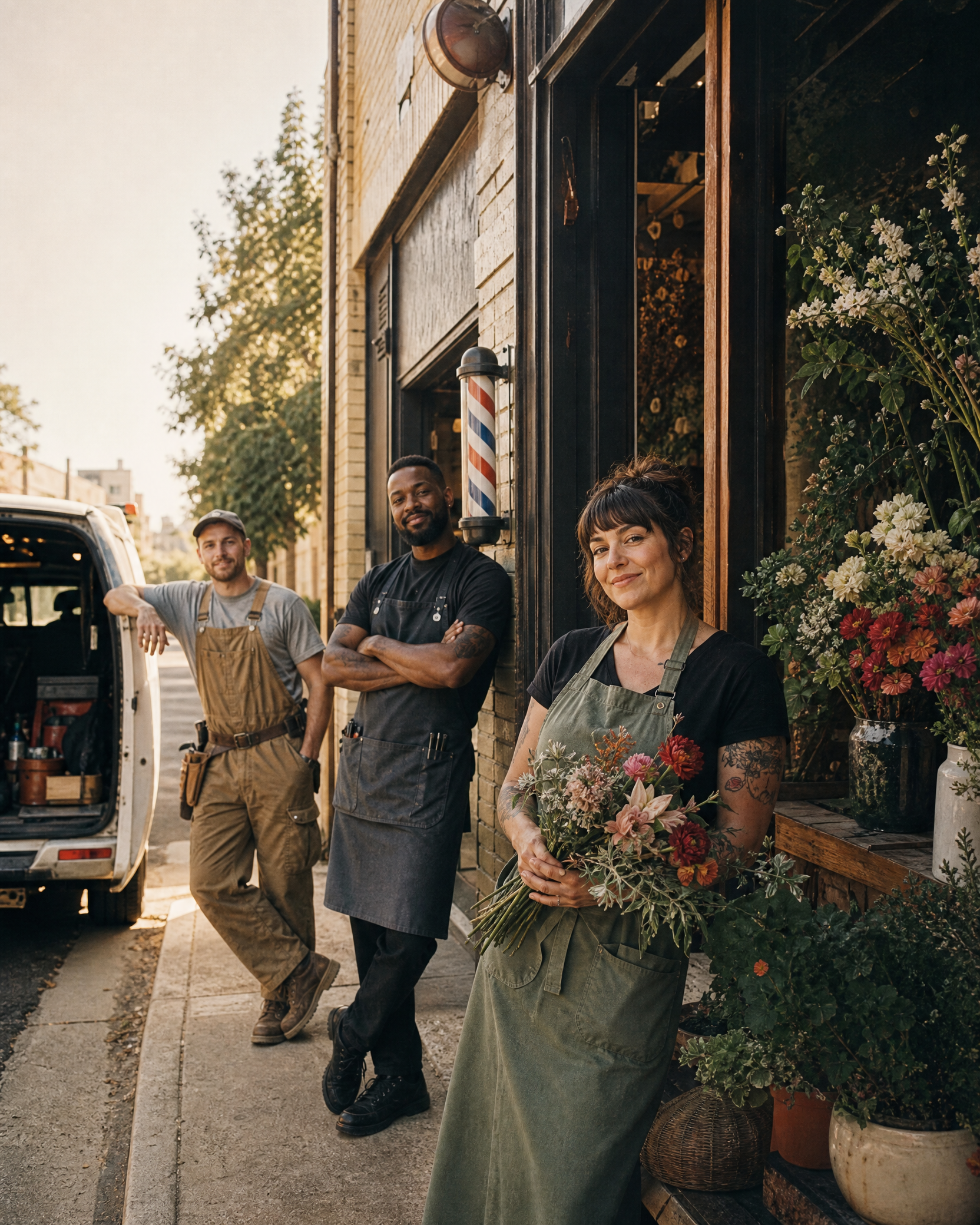 Independent neighborhood business owners outside their shops