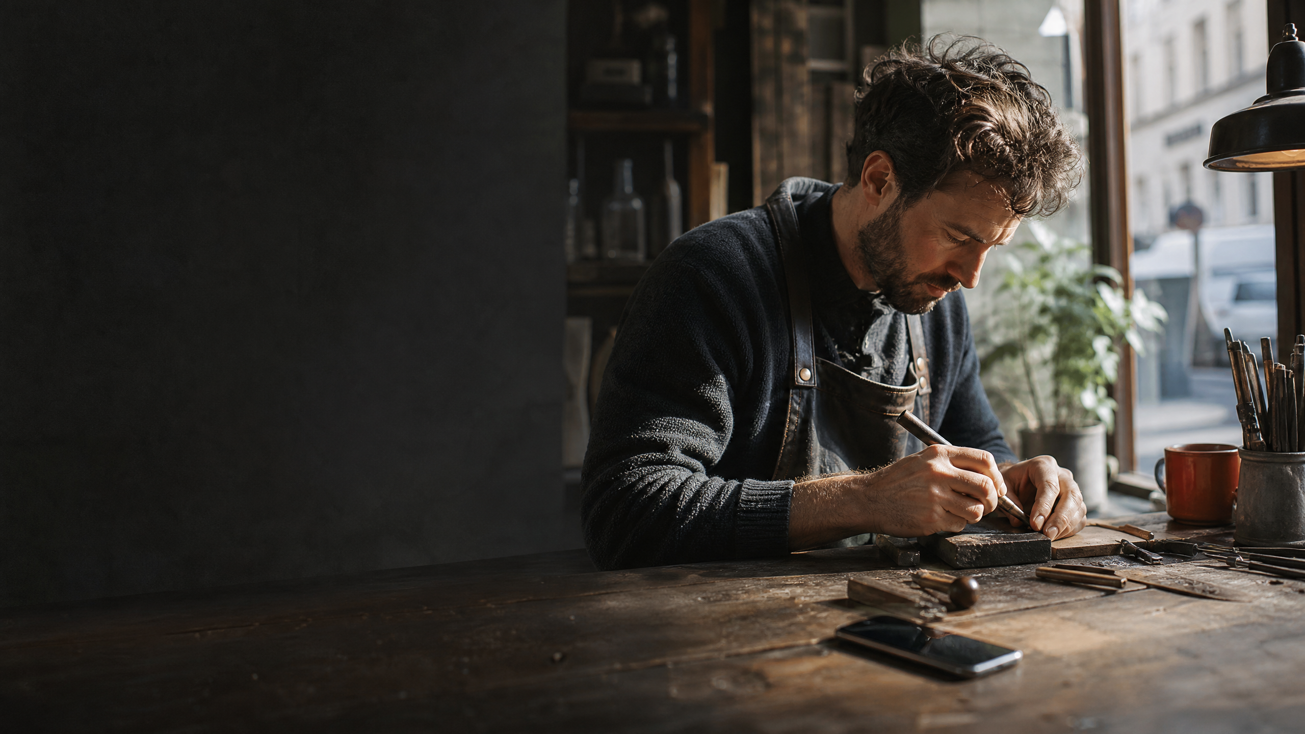 Local craft business owner working at a bench